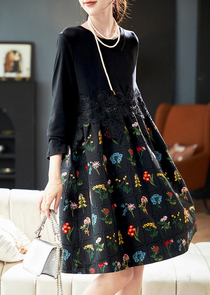 Mode Schwarz Bestickte Spitze Patchwork Baumwolle Kleid Frühling RL024