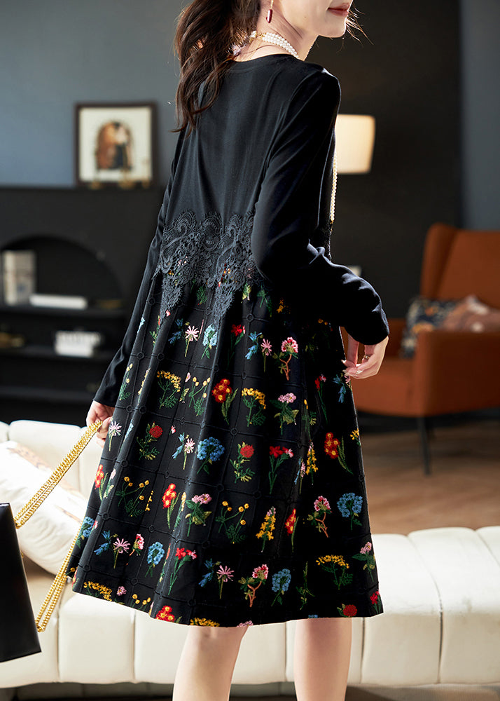 Mode Schwarz Bestickte Spitze Patchwork Baumwolle Kleid Frühling RL024