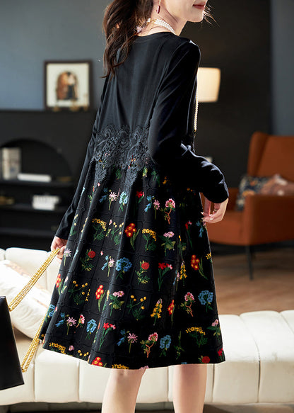 Mode Schwarz Bestickte Spitze Patchwork Baumwolle Kleid Frühling RL024