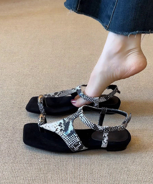 Fashion Leather Flat Black Sandals Splicing Flops Flip Faux