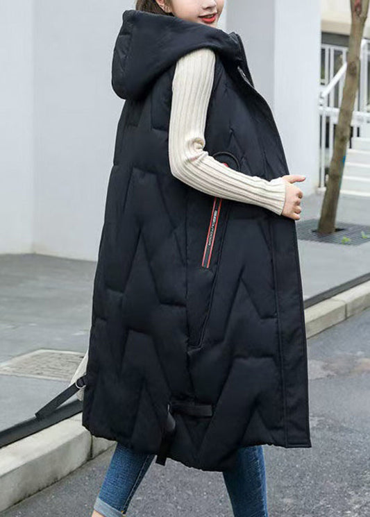 Mode Schwarz Mit Kapuze Patchwork Lange Entendaunen Weste Ärmellos TD032