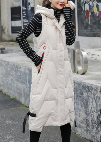 Mode Schwarz Mit Kapuze Patchwork Lange Entendaunen Weste Ärmellos TD032