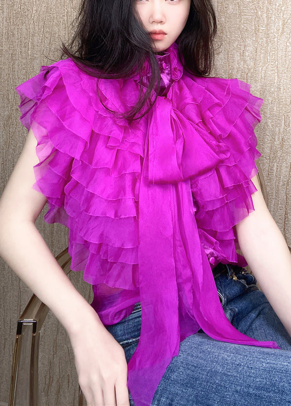 Fashion Black Layered Ruffled Stand Collar Bow Shirts Summer ZL071