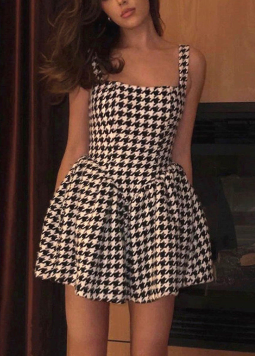 Summer Dress Spaghetti Fashion Black Cotton Strap Plaid