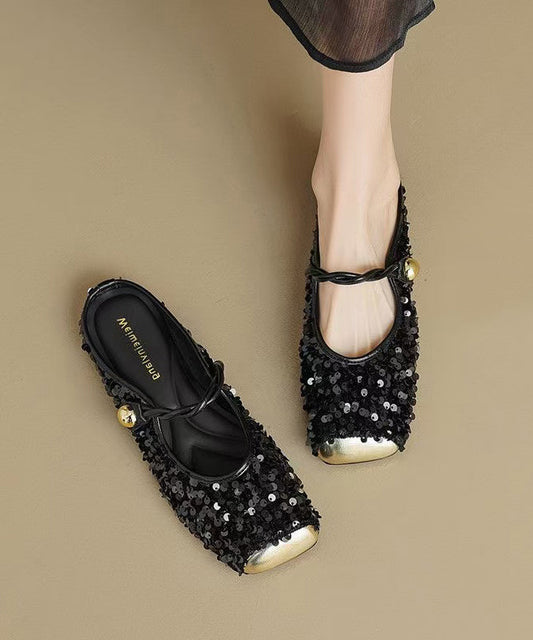 Sandals Fashion Strap Sequins Black Slide Splicing Buckle