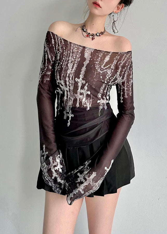 Fashion Black Slash Neck Print Tulle Top Fall AL1070