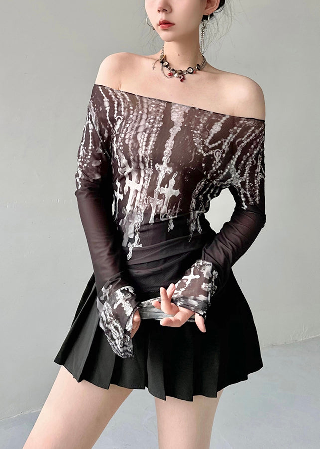 Fashion Black Slash Neck Print Tulle Top Fall AL1070