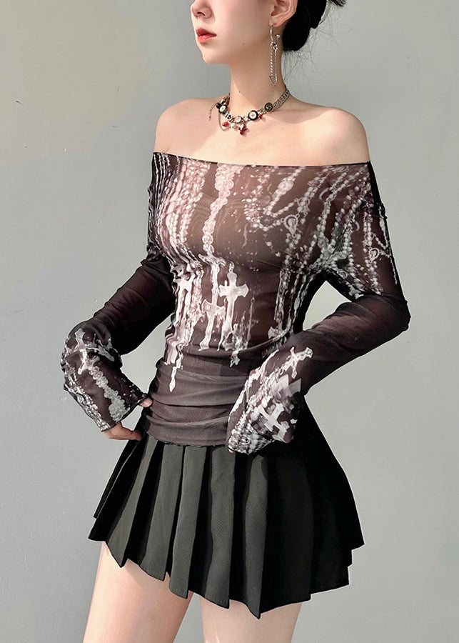 Fashion Black Slash Neck Print Tulle Top Fall AL1070