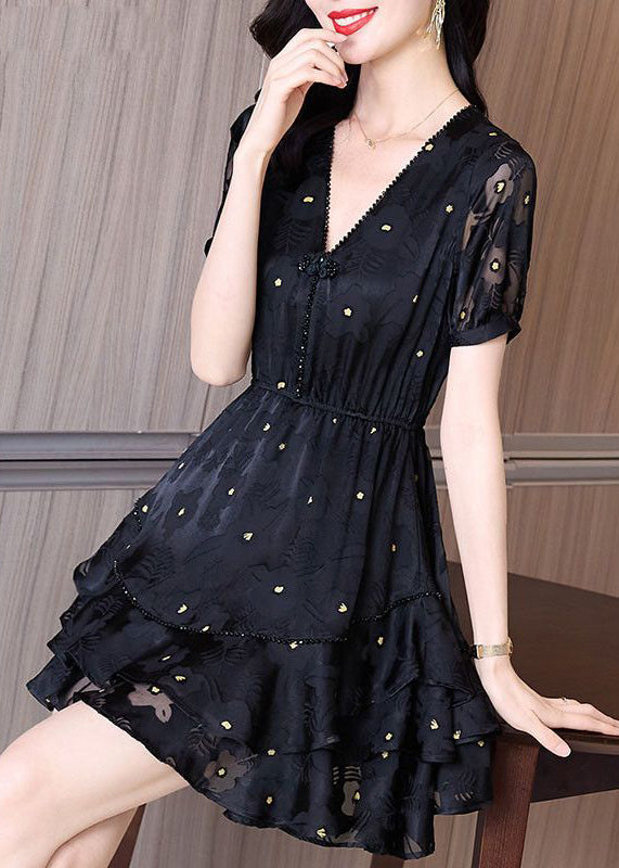 Patchwork Kleid Cinched Mid V Mode Tüll Hals Sommer Schwarz
