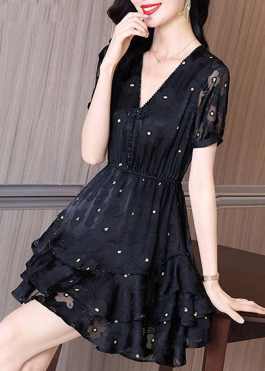 Patchwork Kleid Cinched Mid V Mode Tüll Hals Sommer Schwarz