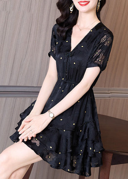 Patchwork Kleid Cinched Mid V Mode Tüll Hals Sommer Schwarz