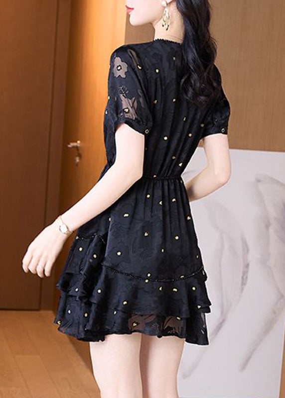 Patchwork Kleid Cinched Mid V Mode Tüll Hals Sommer Schwarz