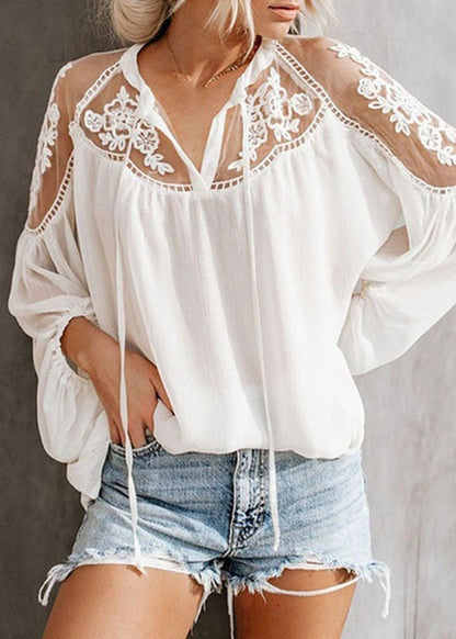 Lantern Floral Neck Tops Sleeve Chiffon V Black Fashion