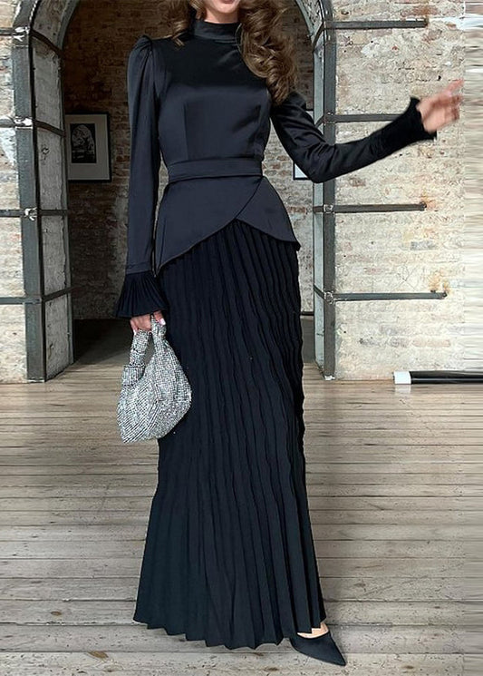 Fashion Black Wrinkled Patchwork Silk Long Dress Fall WO049