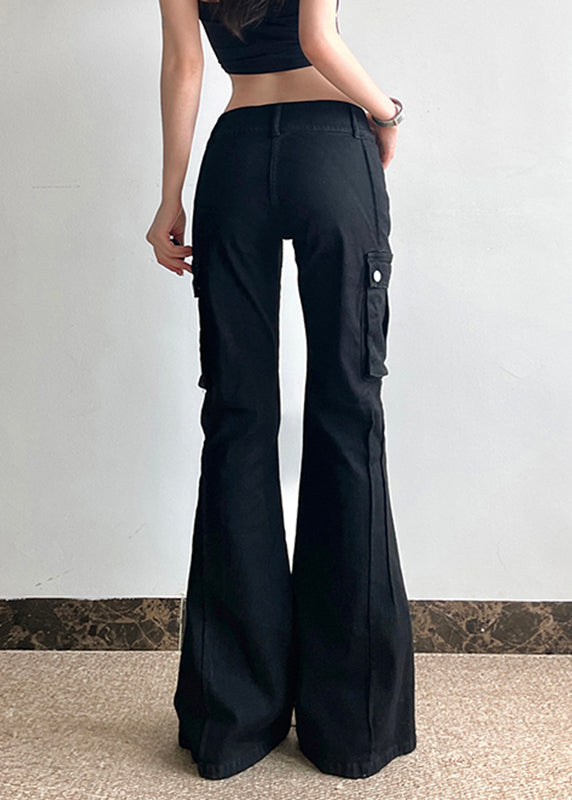 Jean noir à poches évasées et zippées, taille haute, patchwork