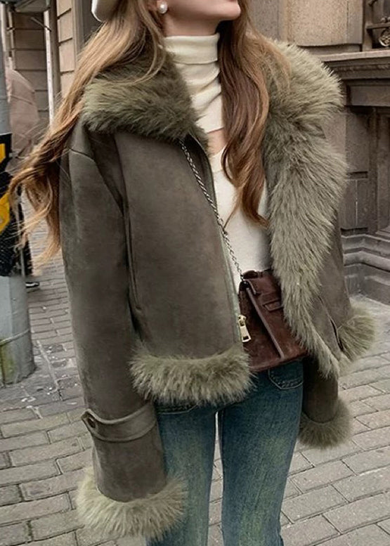 Mode Schwärzlich Grün Pelz Kragen Patchwork Faux Wildleder Parkas Winter ER010