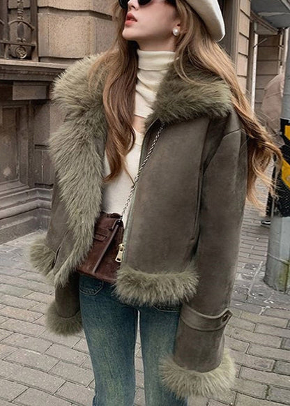 Mode Schwärzlich Grün Pelz Kragen Patchwork Faux Wildleder Parkas Winter ER010