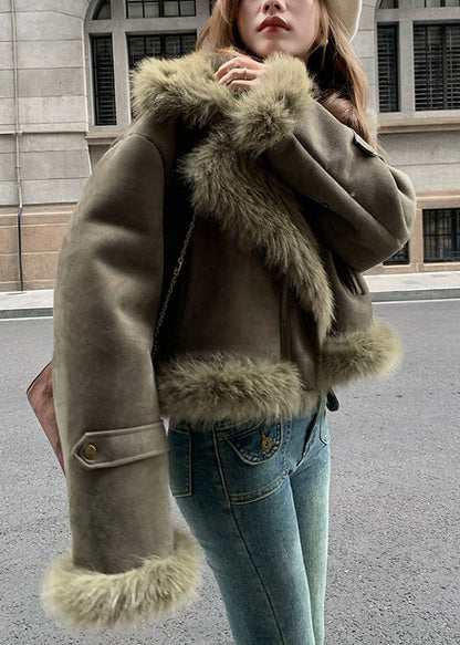 Mode Schwärzlich Grün Pelz Kragen Patchwork Faux Wildleder Parkas Winter ER010