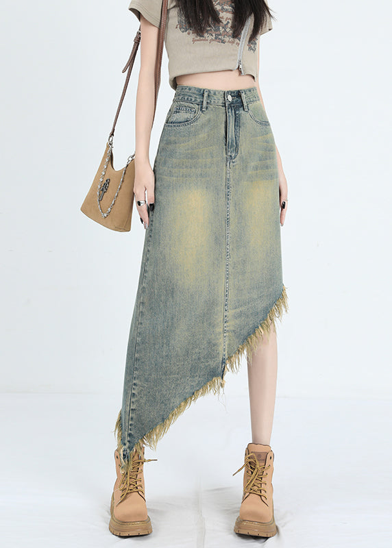 Mode Blau Asymmetrische Tasseled Denim Rock Sommer EE1012