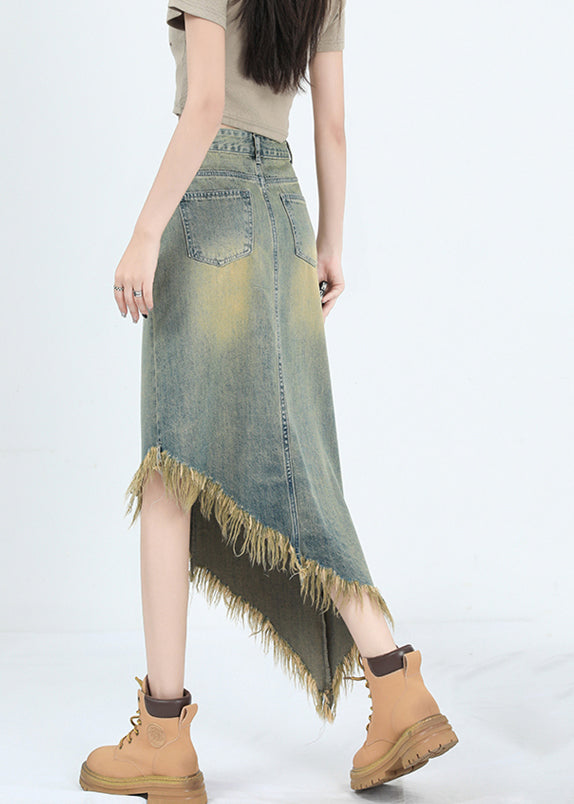 Mode Blau Asymmetrische Tasseled Denim Rock Sommer EE1012