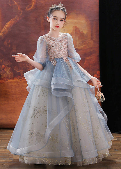 Robe longue bleue à col rond et paillettes en tulle pour enfants, manches bouffantes, QV023