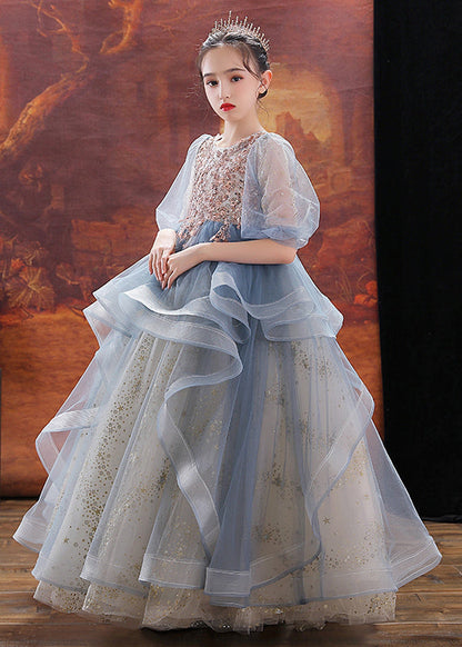 Robe longue bleue à col rond et paillettes en tulle pour enfants, manches bouffantes, QV023