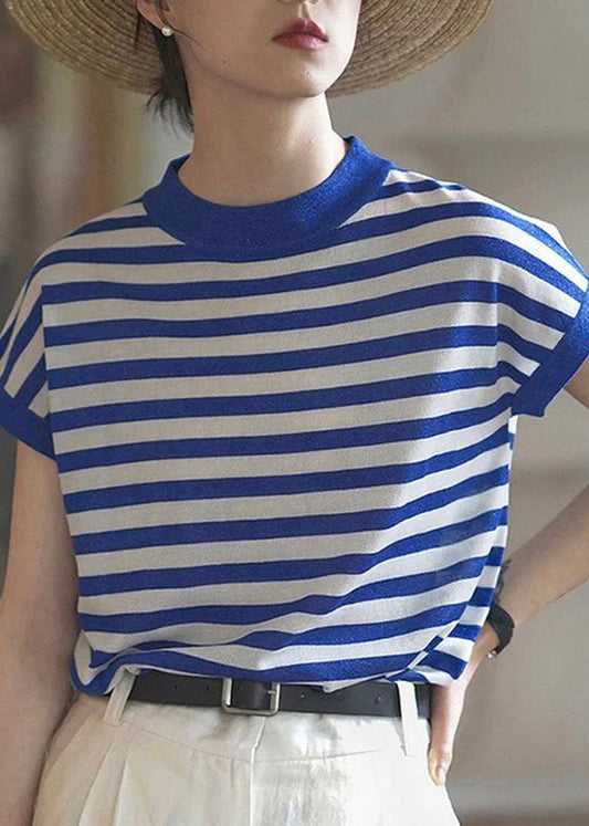 Mode Blau O Neck Striped Baumwolle T Shirts Top Sommer TH029