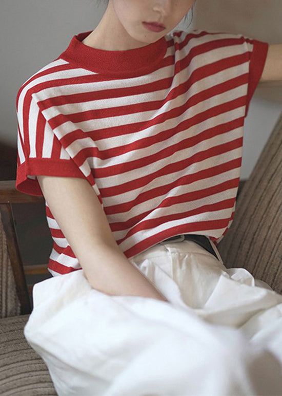 Mode Blau O Neck Striped Baumwolle T Shirts Top Sommer TH029