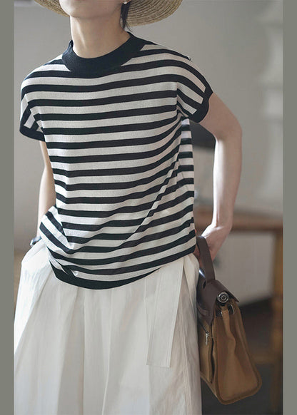 Mode Blau O Neck Striped Baumwolle T Shirts Top Sommer TH029