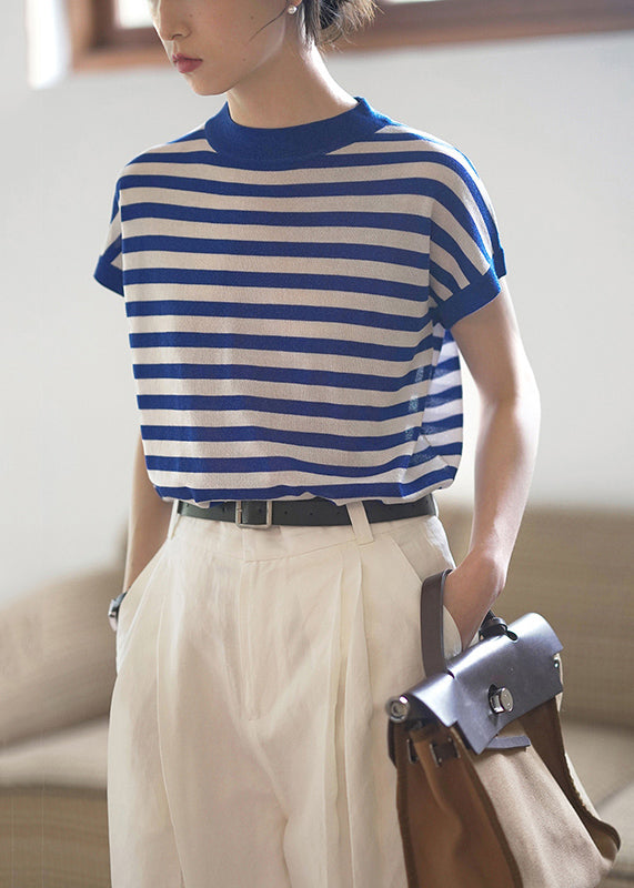 Mode Blau O Neck Striped Baumwolle T Shirts Top Sommer TH029