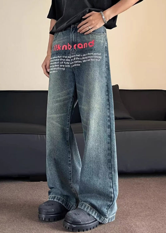 Fashion Blue Pockets Graphic Men Straight Jeans SA027