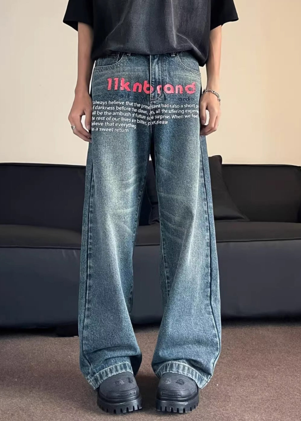 Mode Blau Taschen Grafik Männer Gerade Jeans SA027