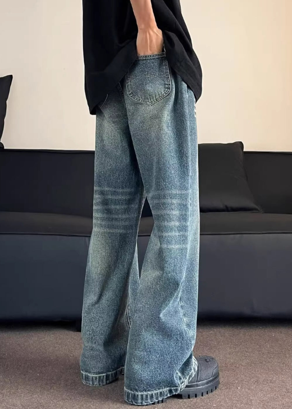 Mode Blau Taschen Grafik Männer Gerade Jeans SA027