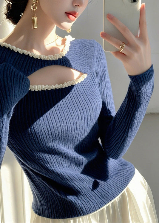 Mode Blau Rüschen Aushöhlen Stricken Pullover Frühling TO006
