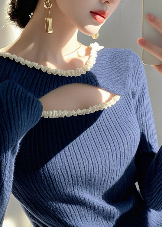 Mode Blau Rüschen Aushöhlen Stricken Pullover Frühling TO006