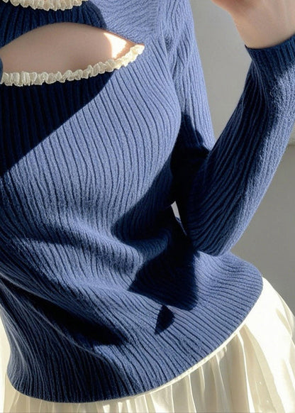 Mode Blau Rüschen Aushöhlen Stricken Pullover Frühling TO006