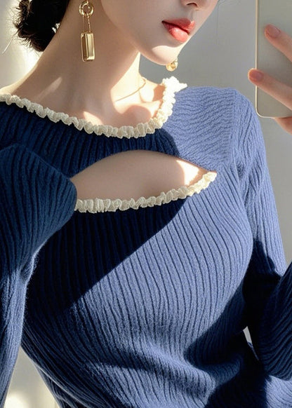 Mode Blau Rüschen Aushöhlen Stricken Pullover Frühling TO006