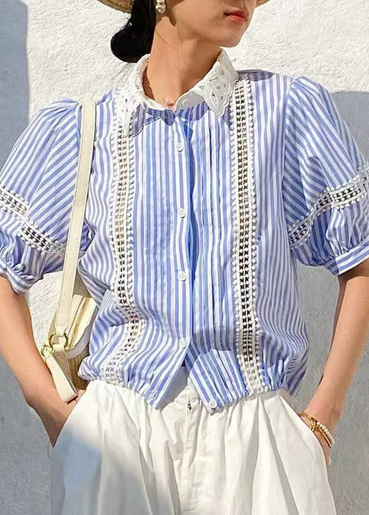 Fashion Out Summer Striped Blue Blouses Cotton Hollow