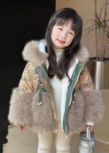 Fashion Brown Fur Collar Sequins Patchwork Kids Hoodies Leather And Fur Coats WinterTG025