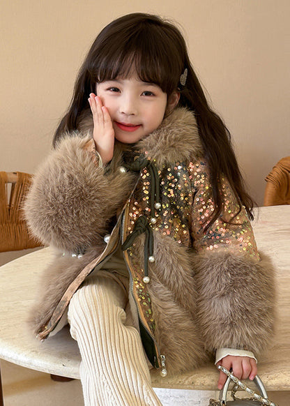 Fashion Brown Fur Collar Sequins Patchwork Kids Hoodies Leather And Fur Coats WinterTG025