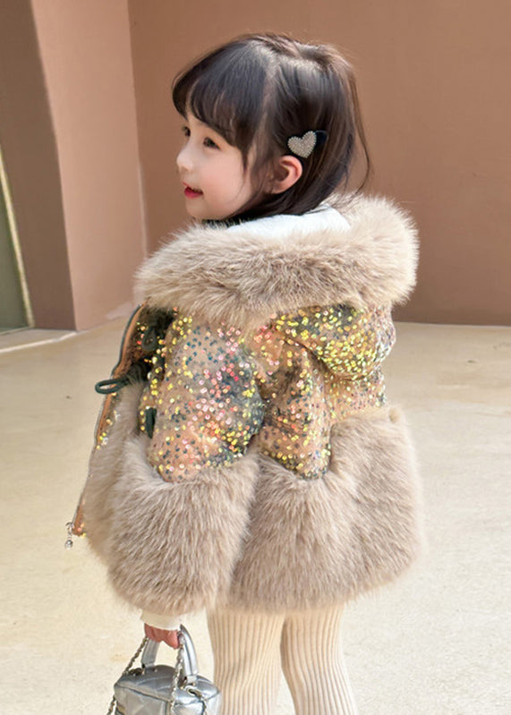 Fashion Brown Fur Collar Sequins Patchwork Kids Hoodies Leather And Fur Coats WinterTG025