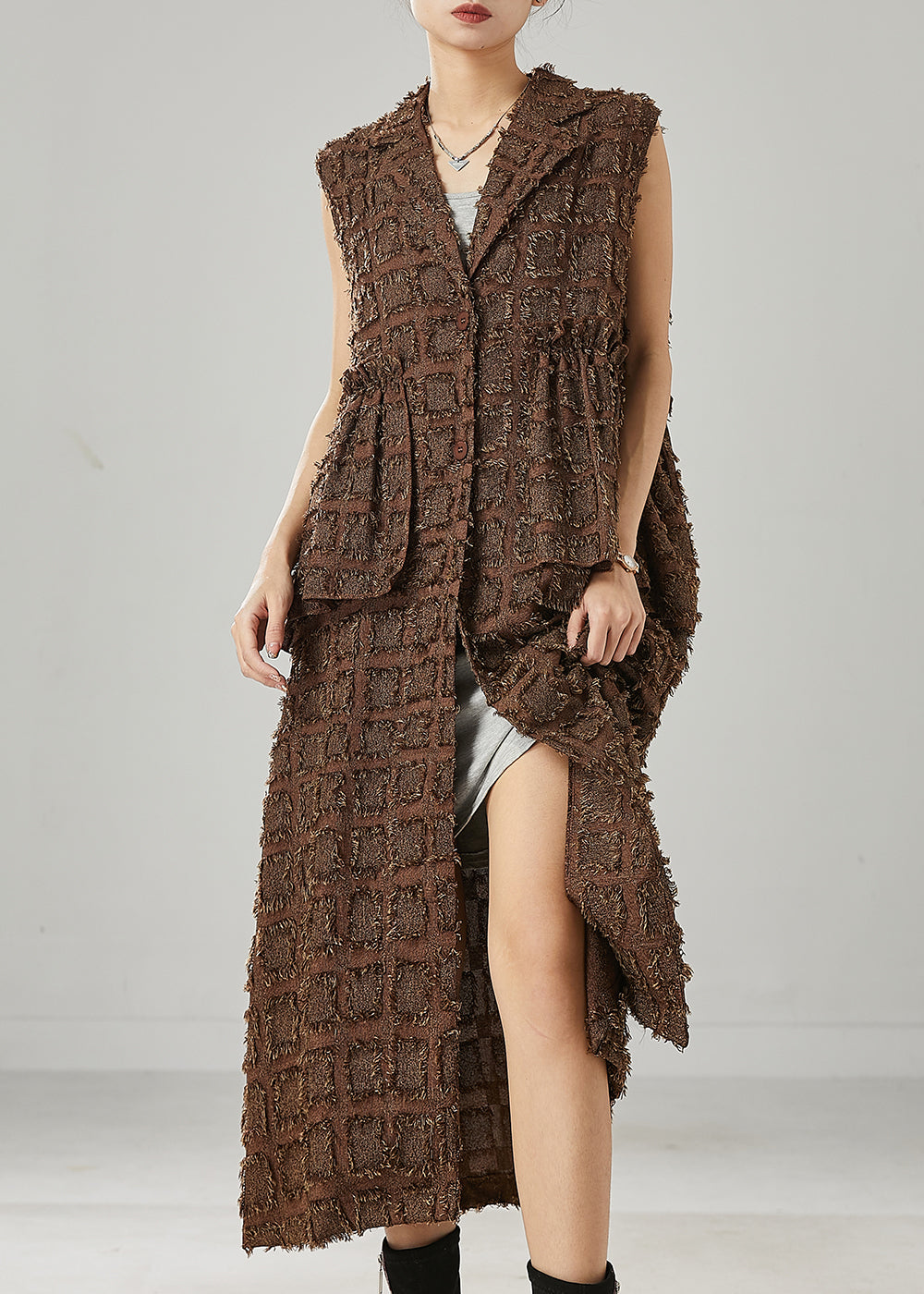 Fashion Brown Ruffled Cotton Long Vests Spring YU1003