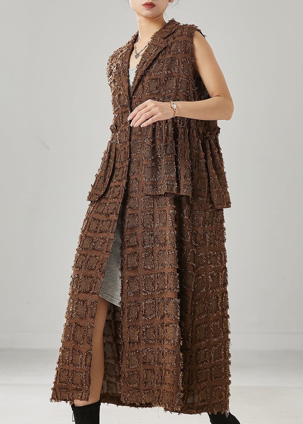 Fashion Brown Ruffled Cotton Long Vests Spring YU1003