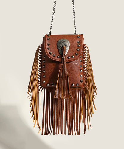 Sac messager tendance en similicuir marron avec rivets et pompons QF007