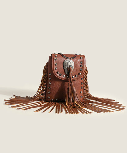 Sac messager tendance en similicuir marron avec rivets et pompons QF007