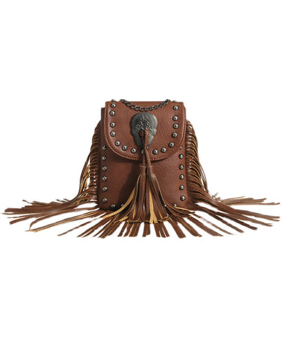 Sac messager tendance en similicuir marron avec rivets et pompons QF007