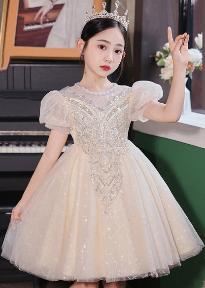 Robe longue en tulle à paillettes et col rond pour enfants, couleur champagne, à la mode, été, XZ041