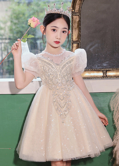 Robe longue en tulle à paillettes et col rond pour enfants, couleur champagne, à la mode, été, XZ041