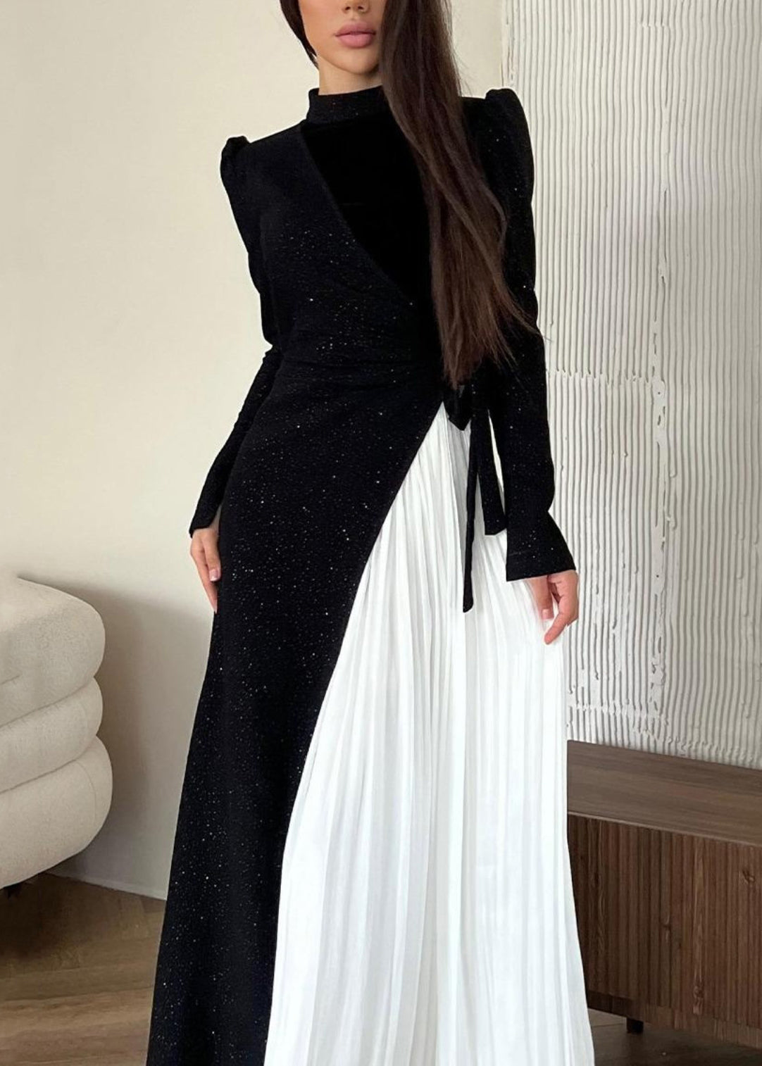 Modisches zweiteiliges Kleid mit Farbblock-Patchwork-Faltenmuster WO053