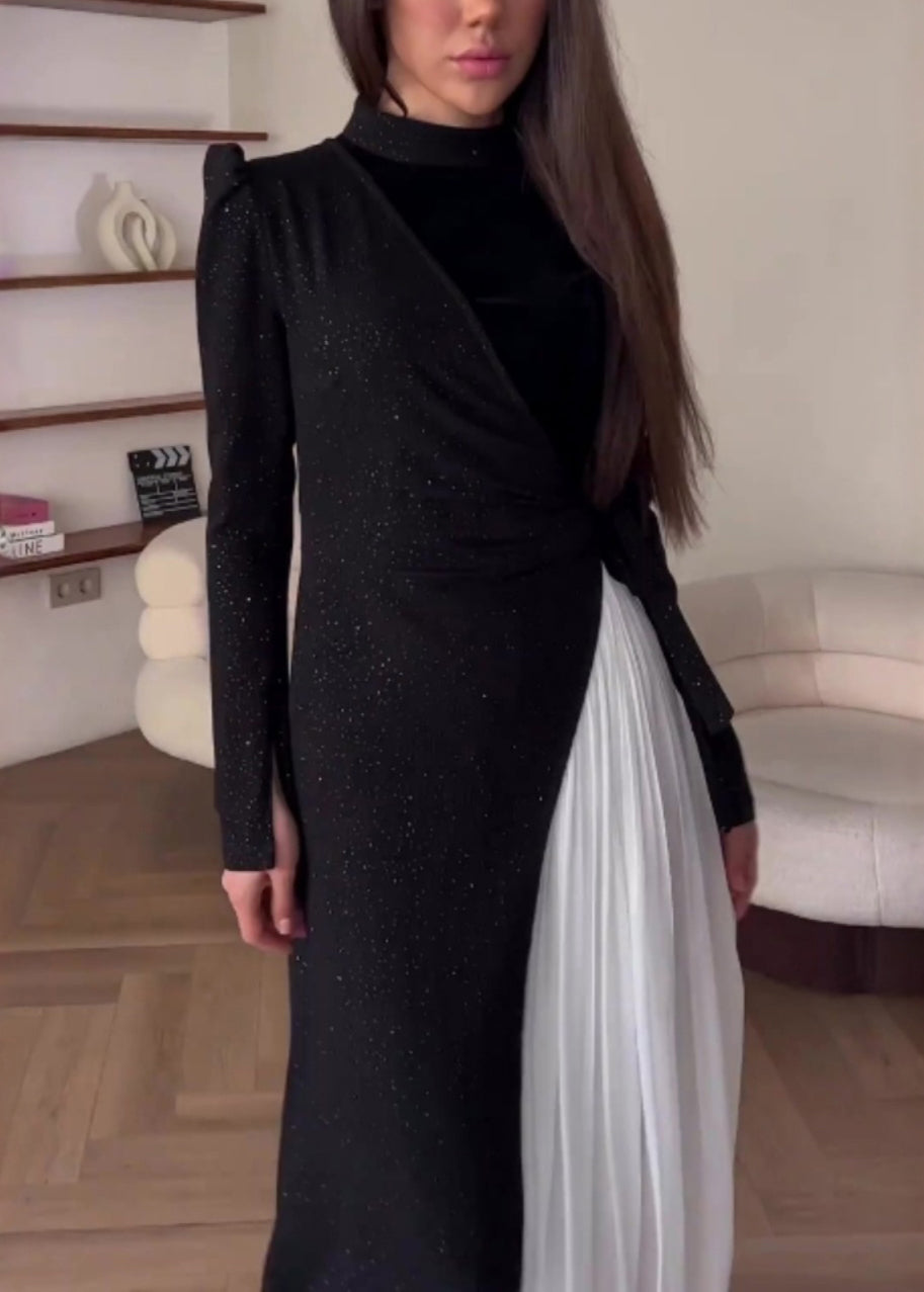 Modisches zweiteiliges Kleid mit Farbblock-Patchwork-Faltenmuster WO053